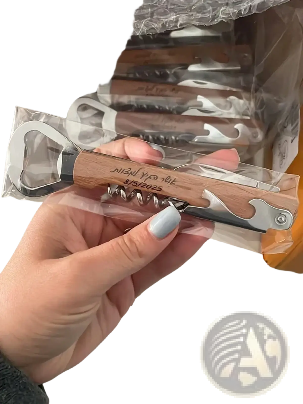 Personalized wooden wedding corkscrew favors with wooden handle and silver metal multi-tool bottle opener components