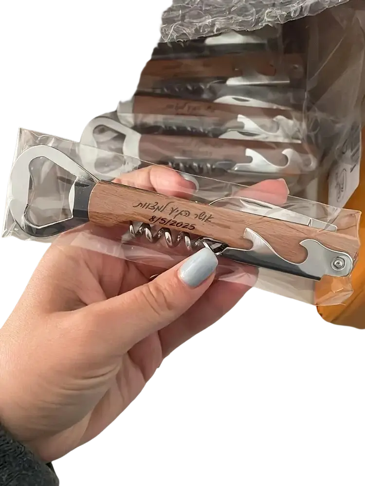Personalized wooden wedding corkscrew favors with wooden handle and silver metal multi-tool bottle opener components