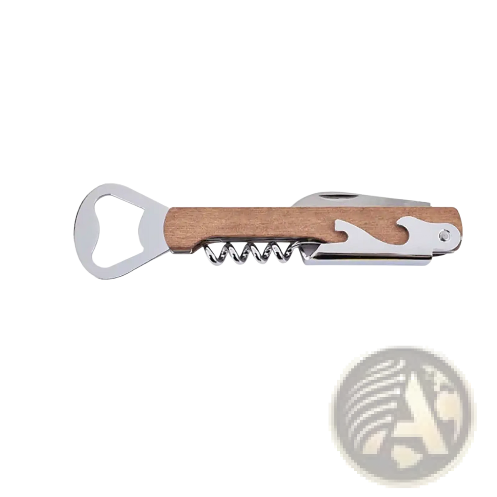 Personalized wooden wedding corkscrew favors with natural wood handle and polished stainless steel dual-function opener