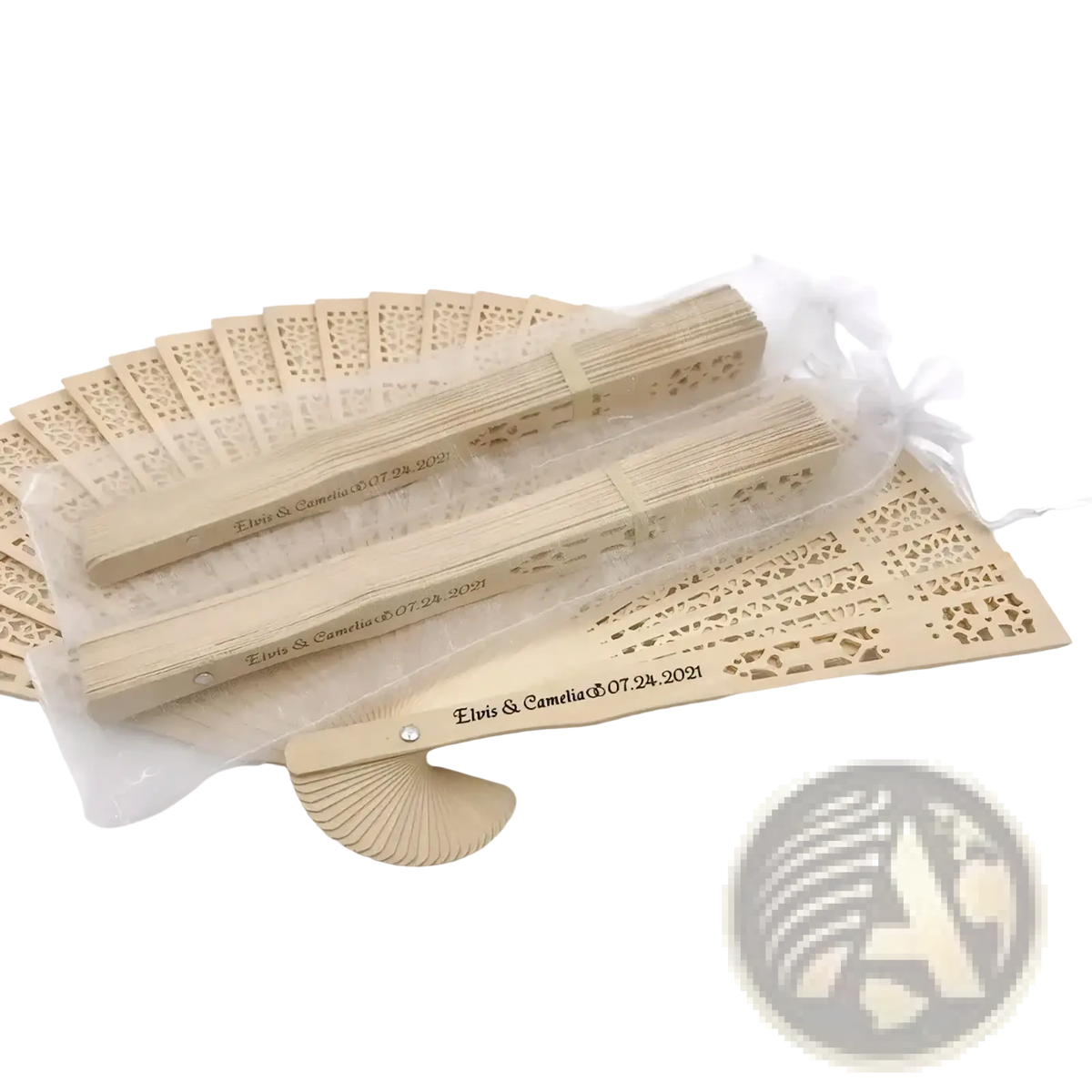 Beige wooden folding fans with intricate lace cutouts and engraved names and date for personalized wedding favors