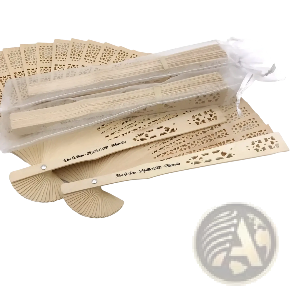 Beige wooden wedding fans with intricate lace cutouts and personalized engravings for bulk wedding favors