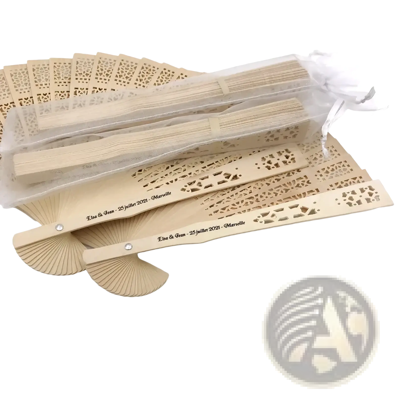 Beige wooden wedding fans with intricate lace cutouts and personalized engravings for bulk wedding favors