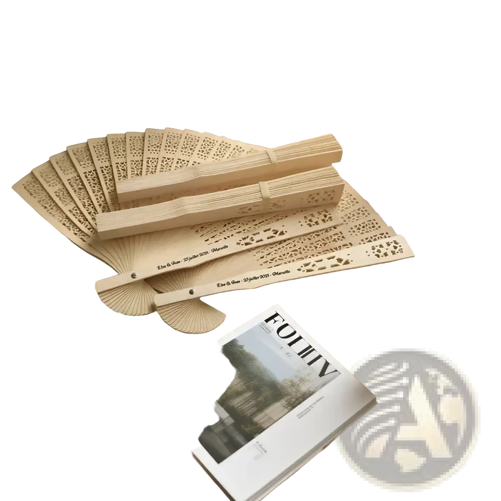 A set of light-colored wooden folding wedding fans with intricate lace-like cutouts and bulk engraved personalized handles