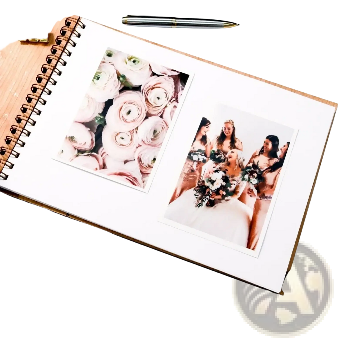 Open spiral-bound personalized wooden wedding guest book album displaying photos of ranunculus bouquet and bridesmaids