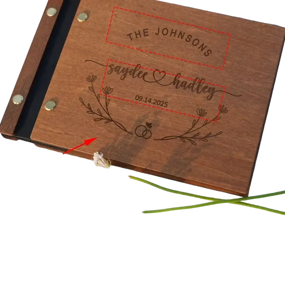 Personalized wooden wedding guest book with engraved names date and floral design for keepsake use