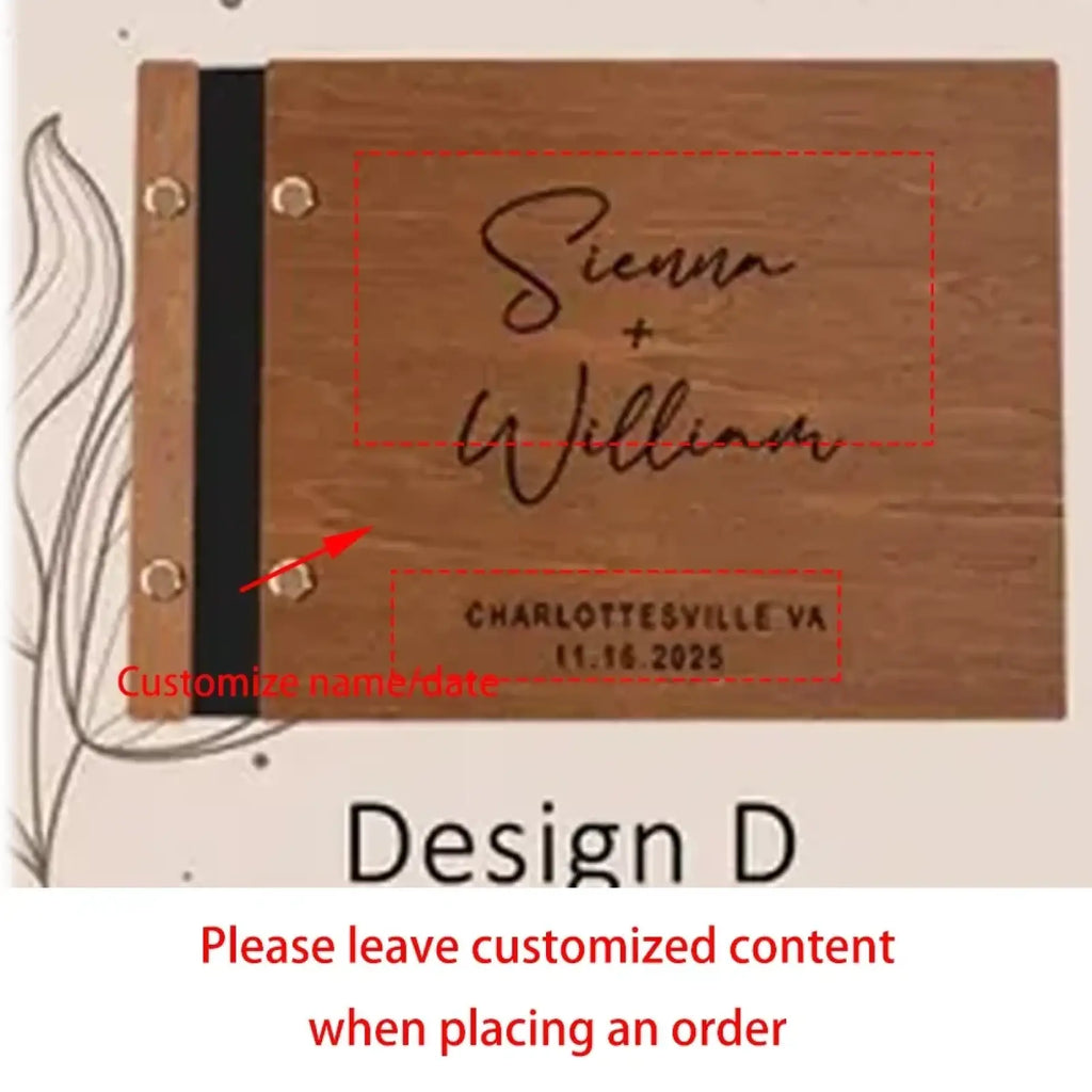 Personalized wooden wedding guest book with natural wood finish black binding engraved sienna william date location