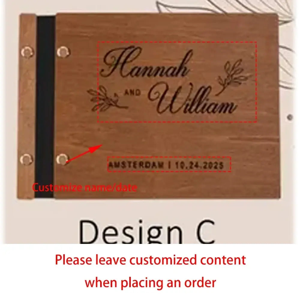 Personalized wooden wedding guest book with engraved names and date natural wood finish and black binding
