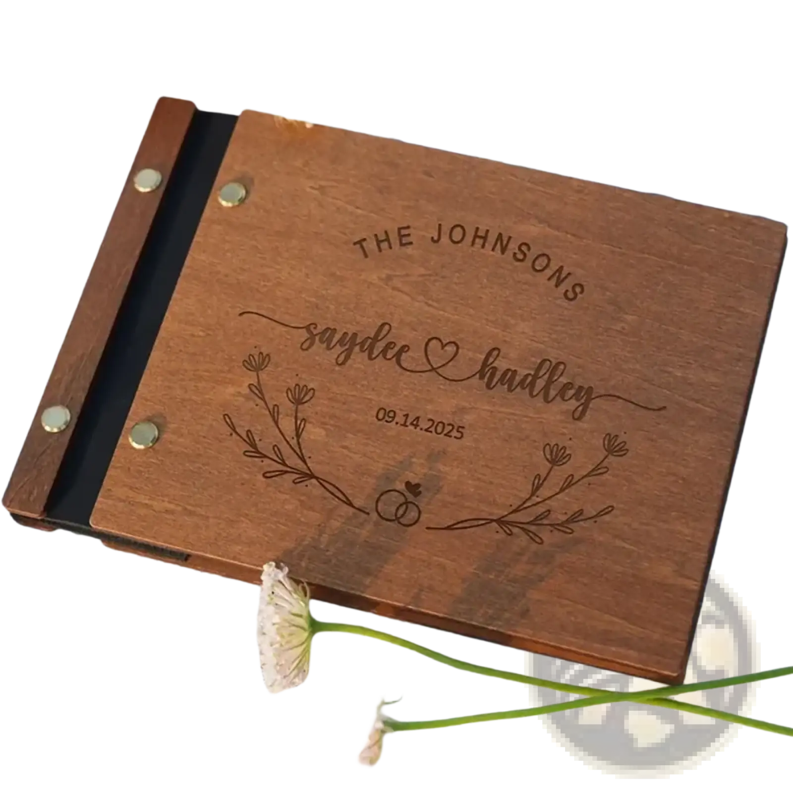 Personalized wooden wedding guest book with engraved names date and floral design in natural wood finish