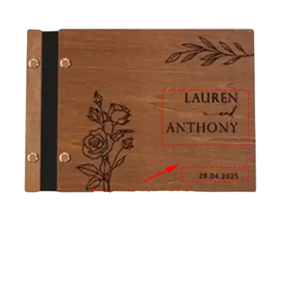 Personalized wooden wedding guest book engraved with floral designs and custom name and date details in rustic style