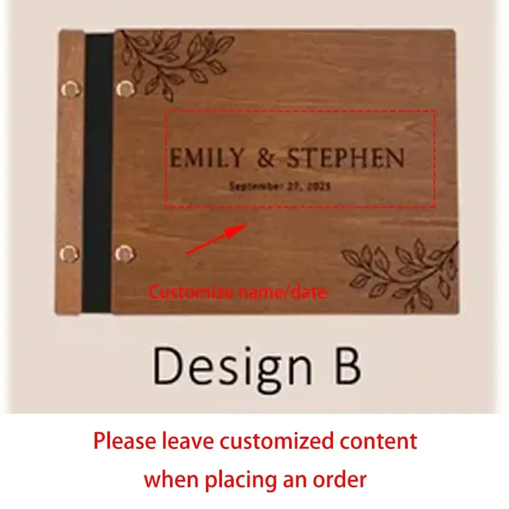 Personalized wooden wedding guest book engraved with rustic leafy borders and a name date section keepsake