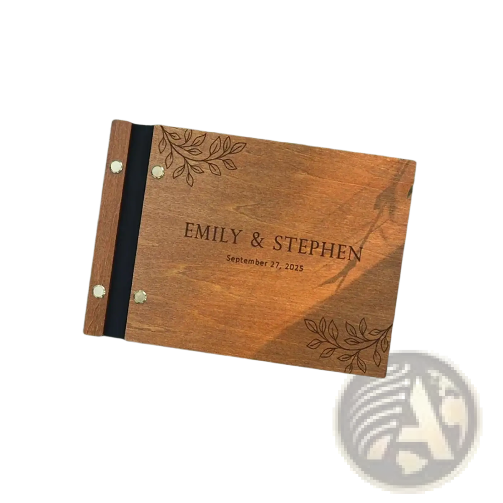A warm-toned wooden personalized wedding guest book with engraved names leaf motifs black binding and brass rivets