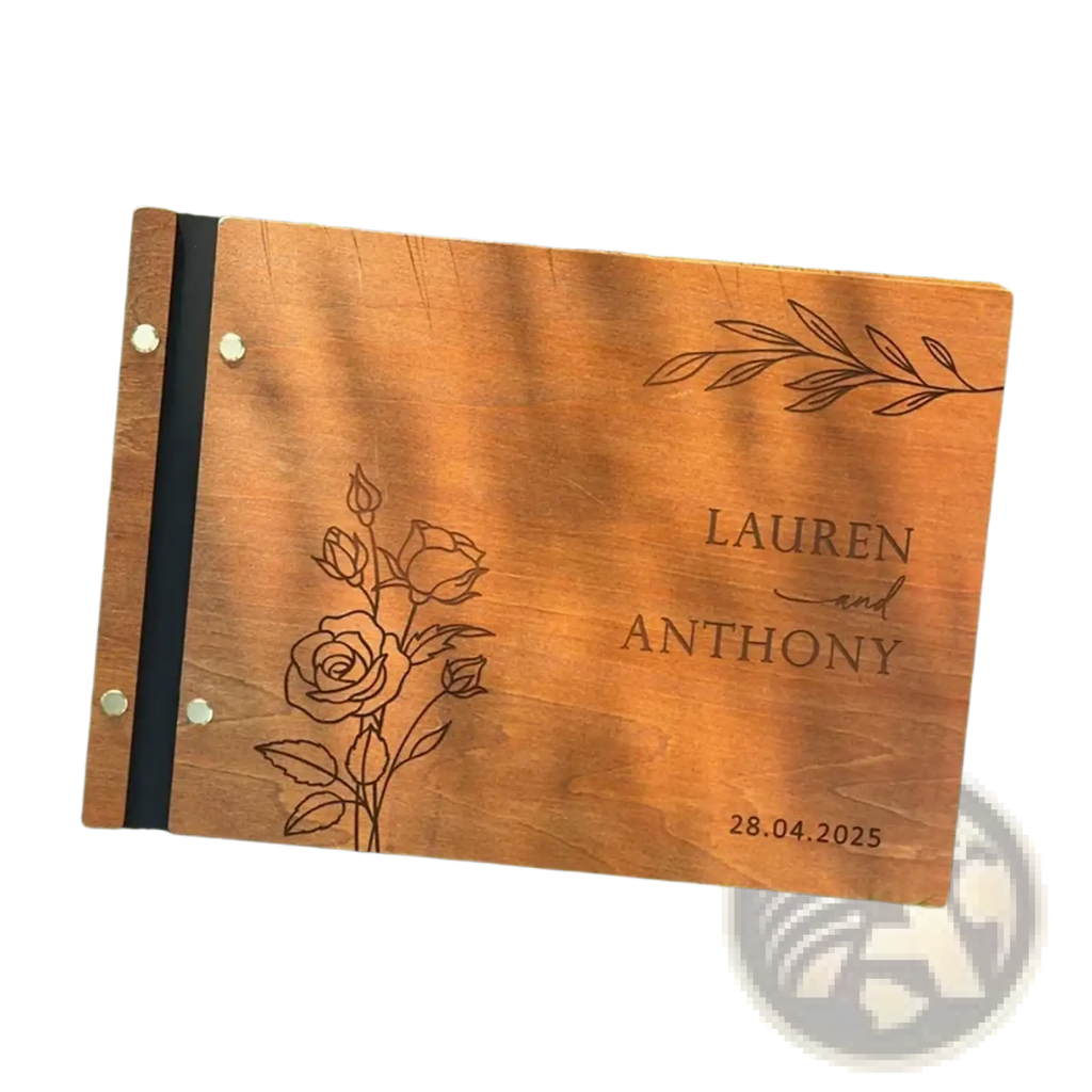 Personalized wooden wedding guest book warm-toned with engraved rose leaf designs names lauren and anthony date 28.04.2025