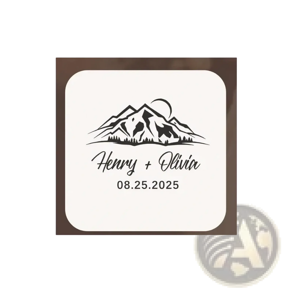 Personalized wooden wedding ring box with cream-colored square coaster featuring black mountain moon design and names henry olivia date 08.25.2025