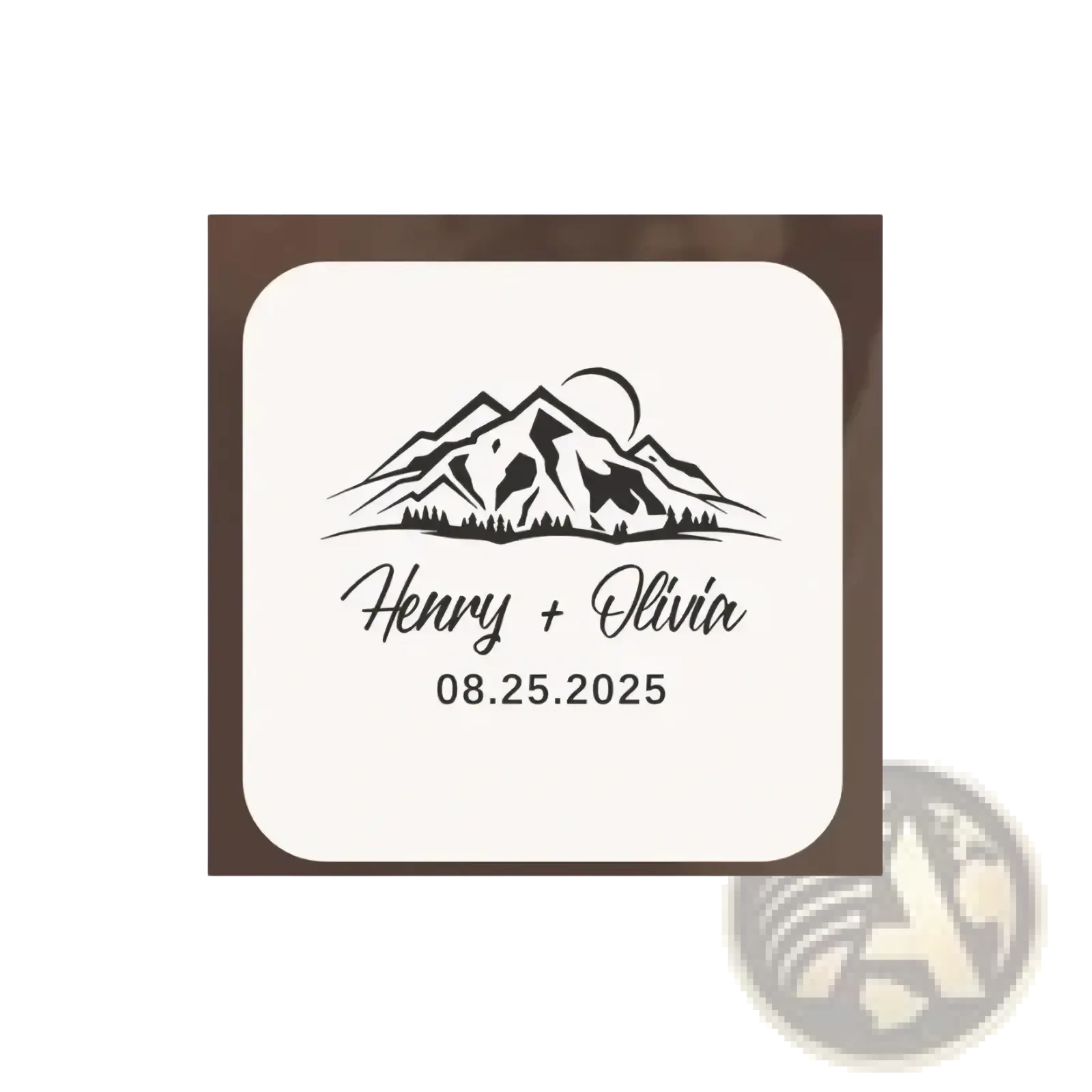 Personalized wooden wedding ring box with cream-colored square coaster featuring black mountain moon design and names henry olivia date 08.25.2025