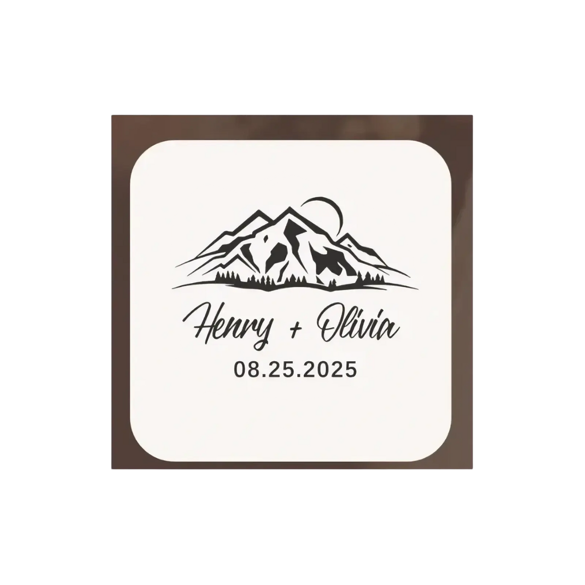 Personalized wooden wedding ring box with cream-colored square coaster featuring black mountain moon design and names henry olivia date 08.25.2025