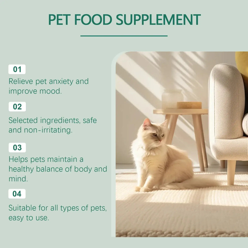 A fluffy cream-colored cat sitting on a textured rug illustrating calmness from pet anxiety relief drops