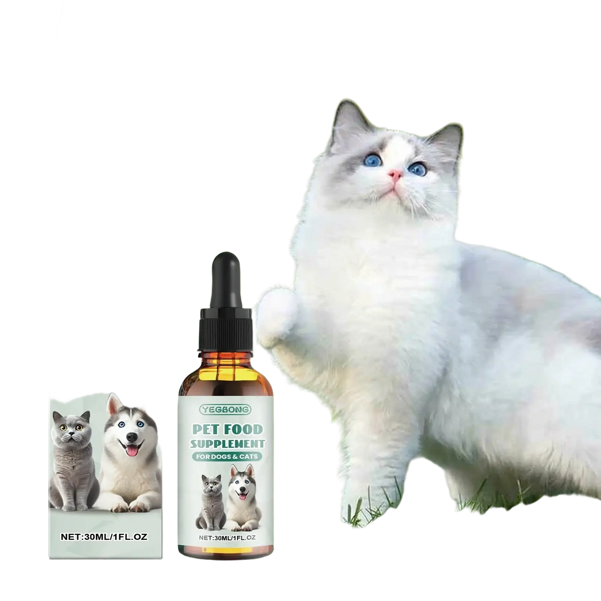Yegbong pet anxiety relief drops in amber glass bottle with black dropper cap for dogs and cats to soothe anxiety
