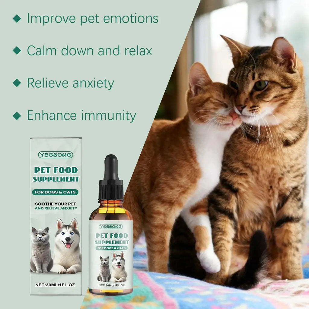 Yegbong pet anxiety relief drops in a clear glass bottle with black dropper cap containing amber liquid