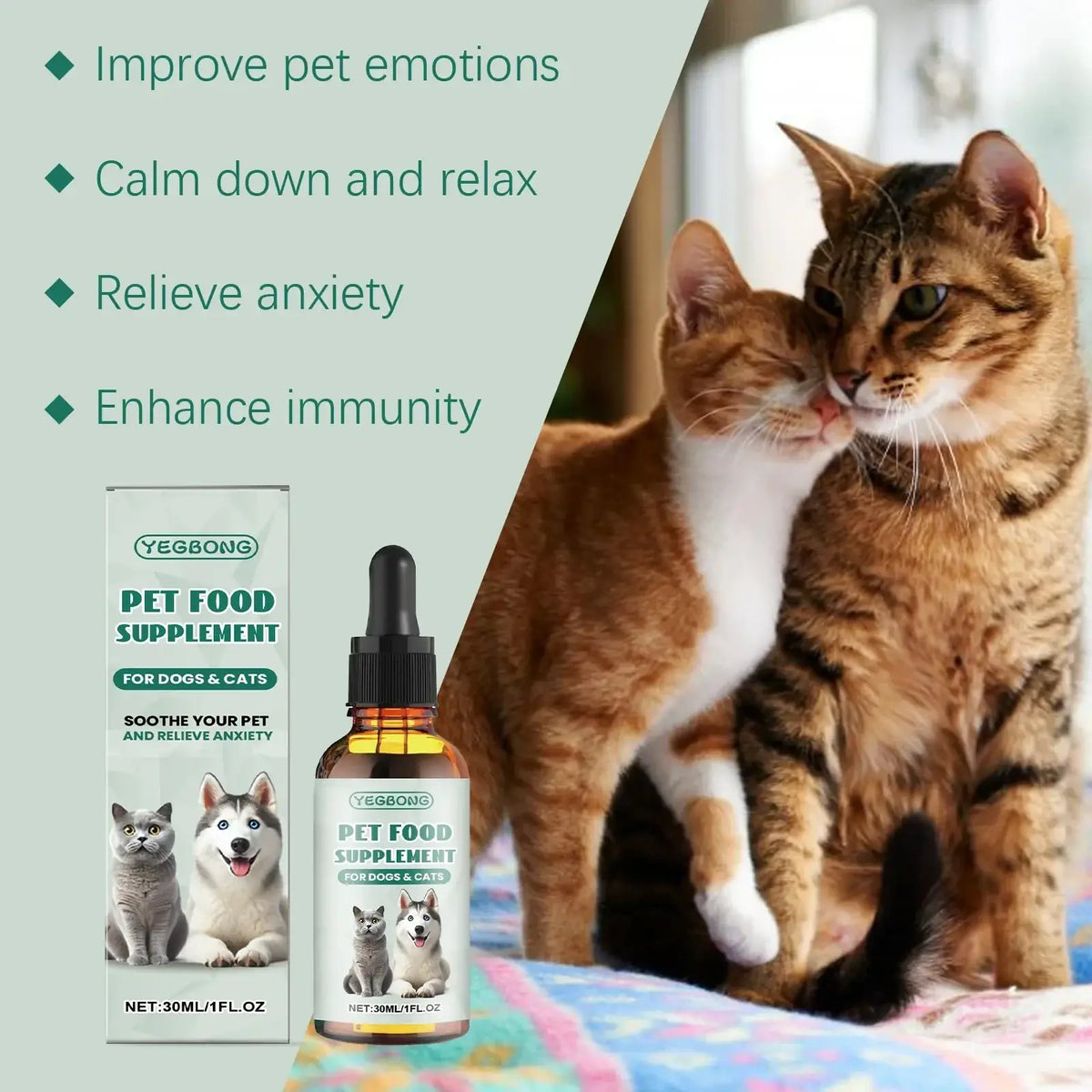 Yegbong pet anxiety relief drops in a clear glass bottle with black dropper cap containing amber liquid