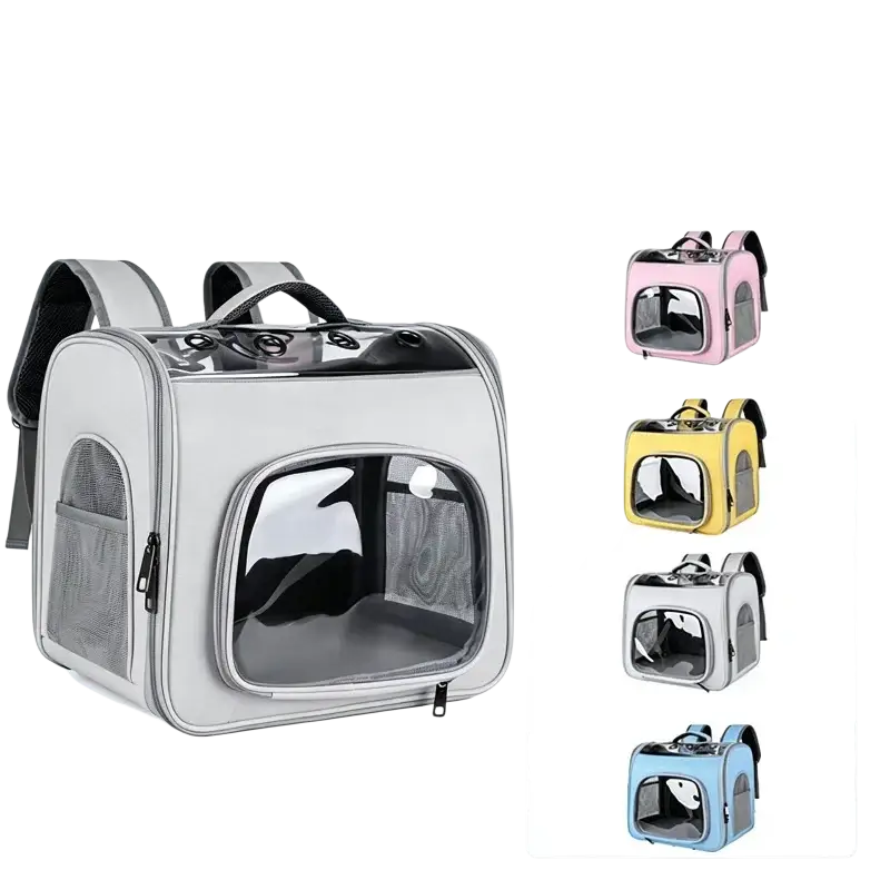 Gray pet backpack carrier made of oxford fabric with transparent front panel and mesh sides for small cats and dogs