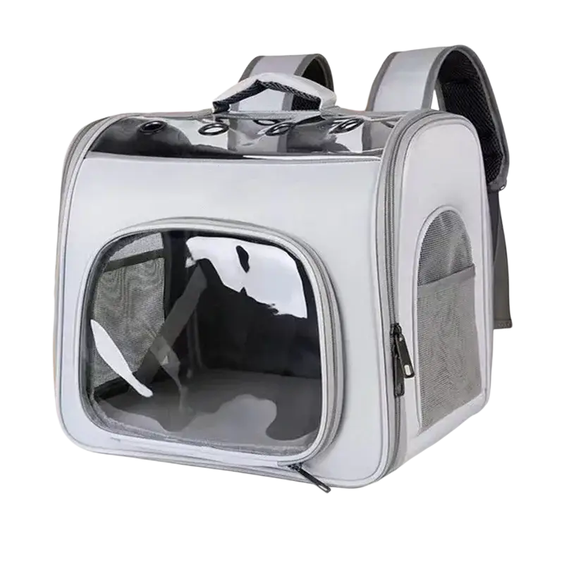 Gray pet backpack carrier made of oxford fabric with transparent front panel and mesh sides for small cats and dogs