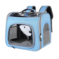 Light blue oxford fabric pet backpack carrier with transparent mesh windows and black and white panda face design