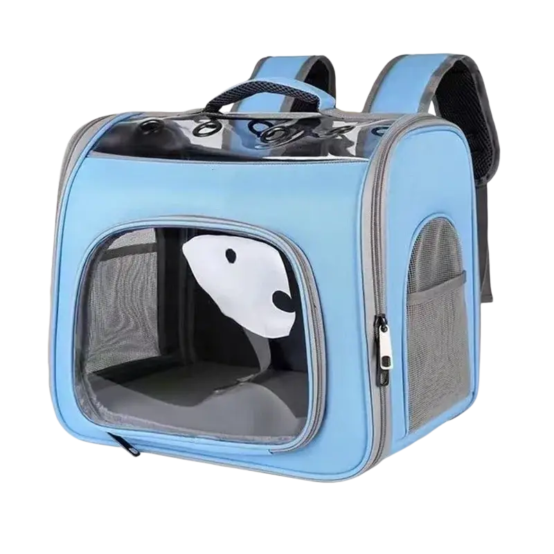 Light blue oxford fabric pet backpack carrier with transparent mesh windows and black and white panda face design