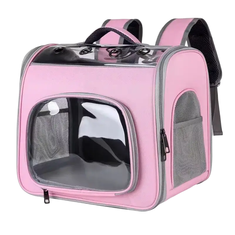 Pink pet backpack carrier made of oxford fabric with transparent windows and gray mesh panels for small pets