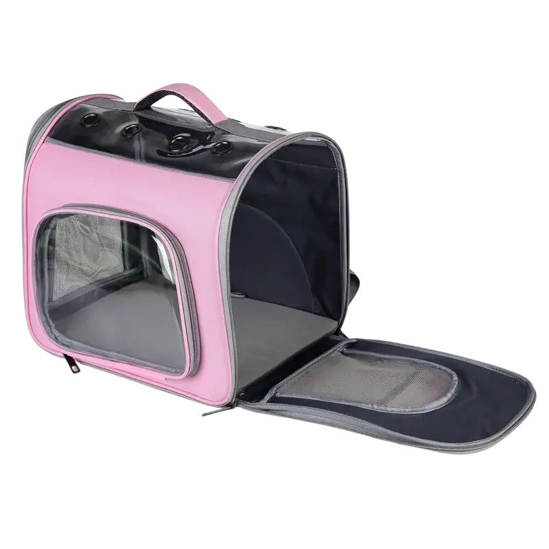 Pink and black pet backpack carrier with transparent mesh windows gray interior made from oxford fabric for small cats and dogs