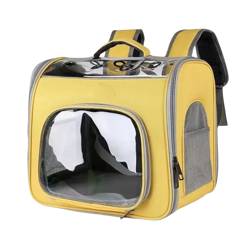 Yellow pet backpack carrier with transparent windows and gray mesh panels made of oxford fabric for small pets