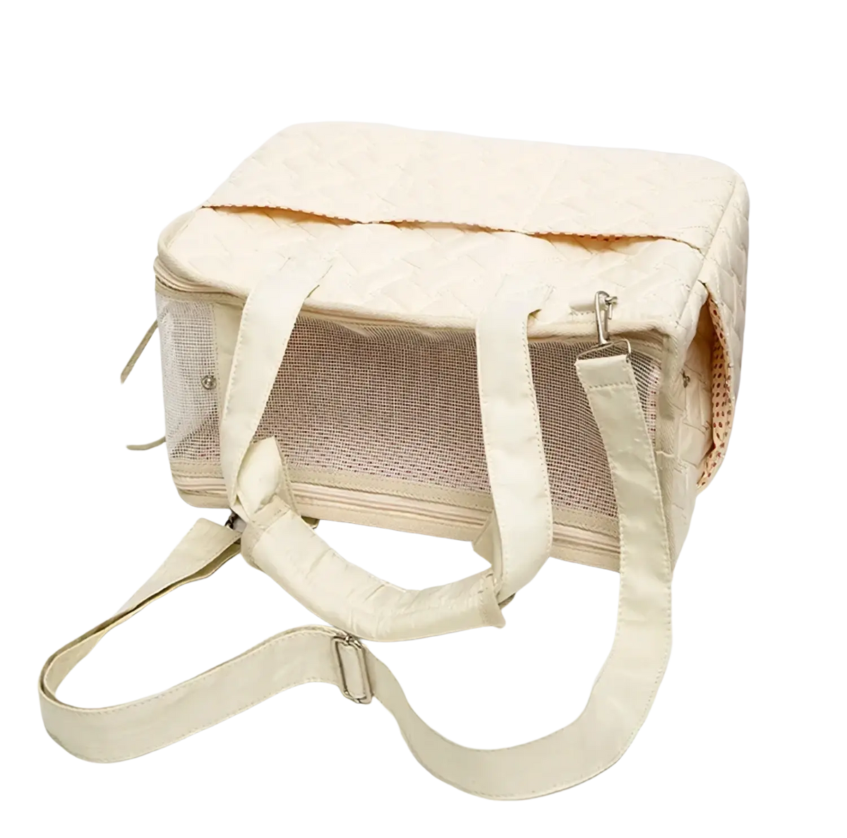Cream-colored quilted pet bag with breathable mesh sides and adjustable shoulder straps for small dog carriers