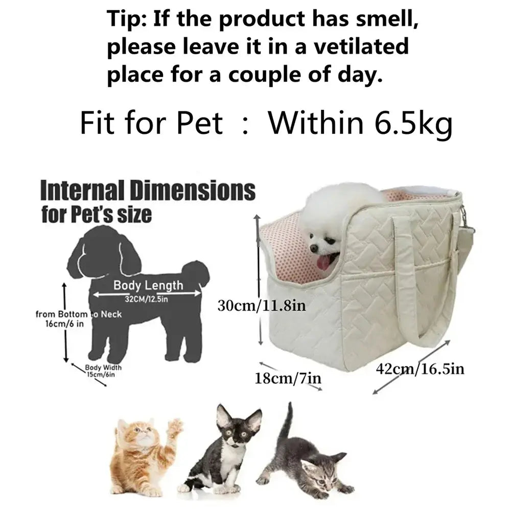 Cream-colored quilted pet bag with breathable mesh lining and adjustable straps for small dog carrier use