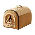 Beige corduroy pet bed cave with polka-dotted fabric entrance and plush lining for a warm cotton house