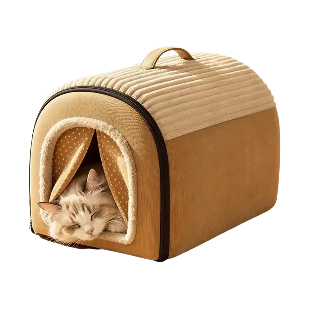 Beige corduroy pet bed cave with polka-dotted fabric entrance and plush lining for a warm cotton house