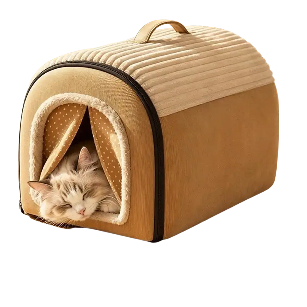 Beige corduroy pet bed cave with soft polka-dot interior lining and plush handle for washable warm cotton house