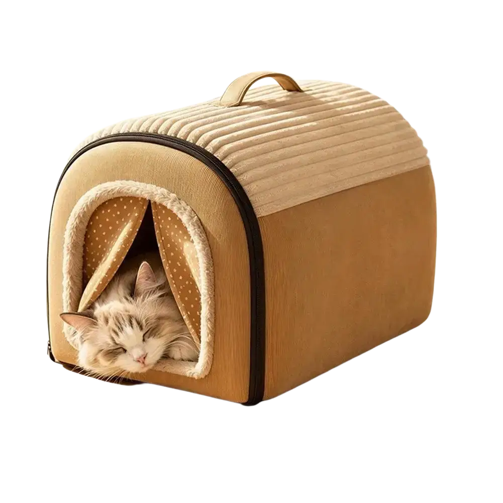 Beige ribbed fabric pet bed cave with soft polka dot interior lining and plush trim for washable warmth and comfort