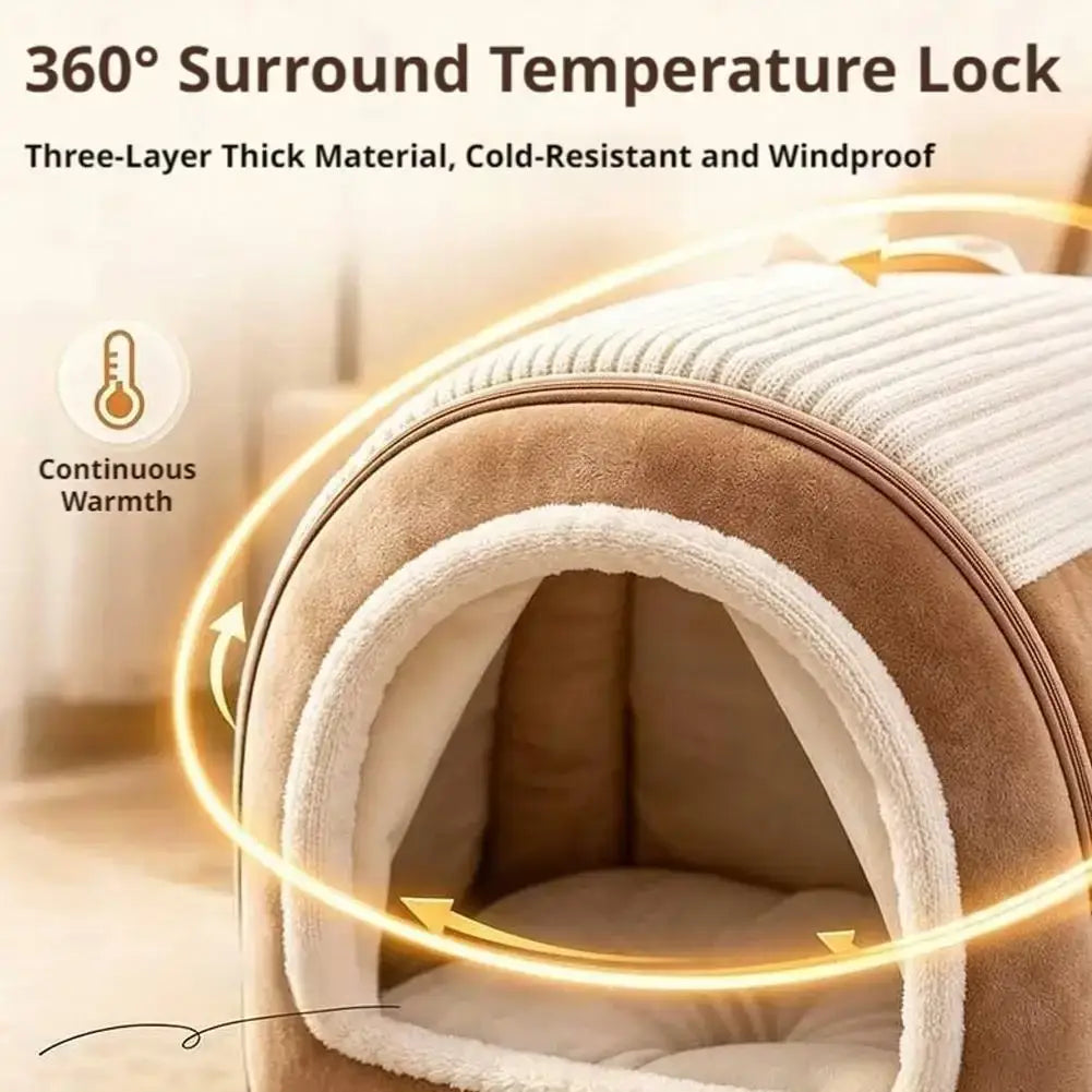 Brown and cream three-layer pet bed with plush ribbed exterior and soft cotton interior for warmth and comfort