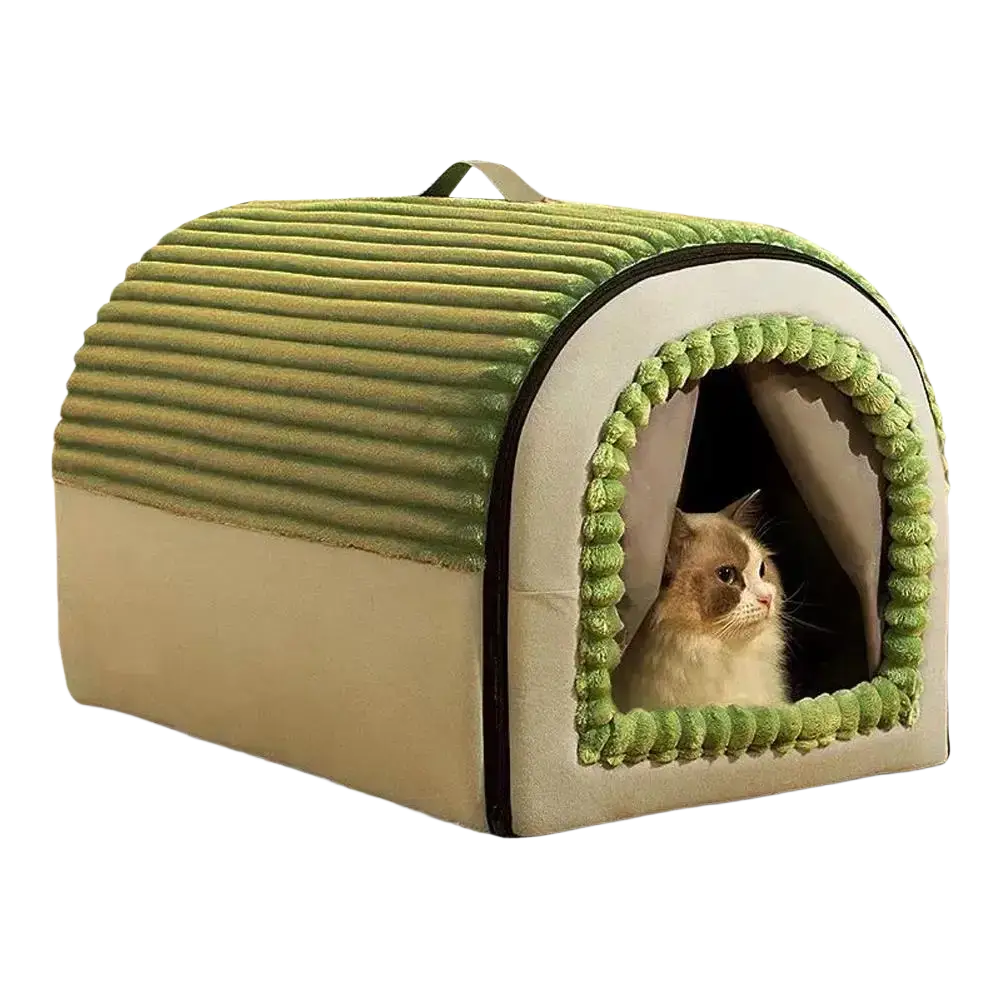 Cozy olive-green and beige corduroy pet bed cave with plush pom-pom trimmed entrance made of washable warm cotton