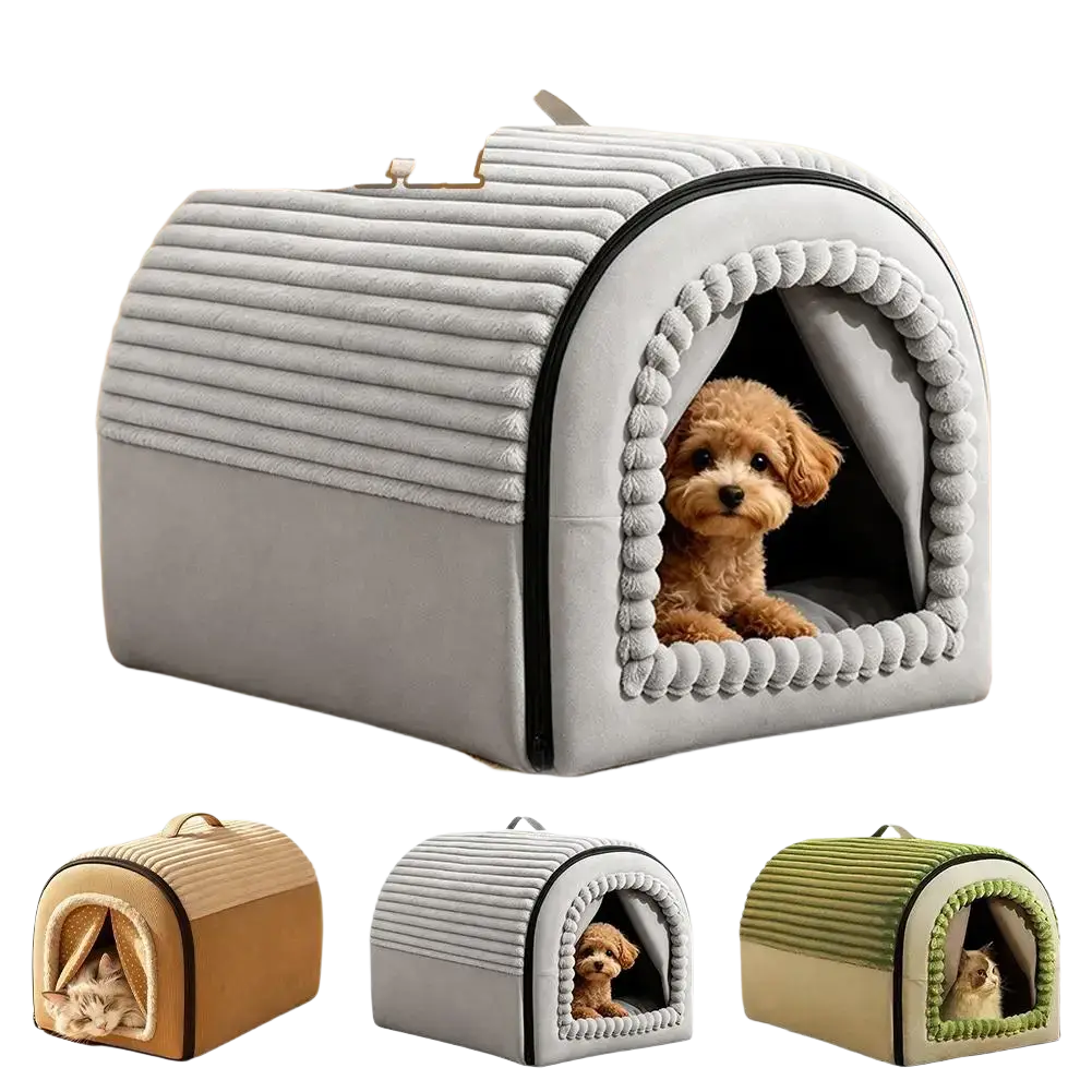 Gray plush pet bed cave with ribbed texture and pom-pom trim made of washable warm cotton for pets