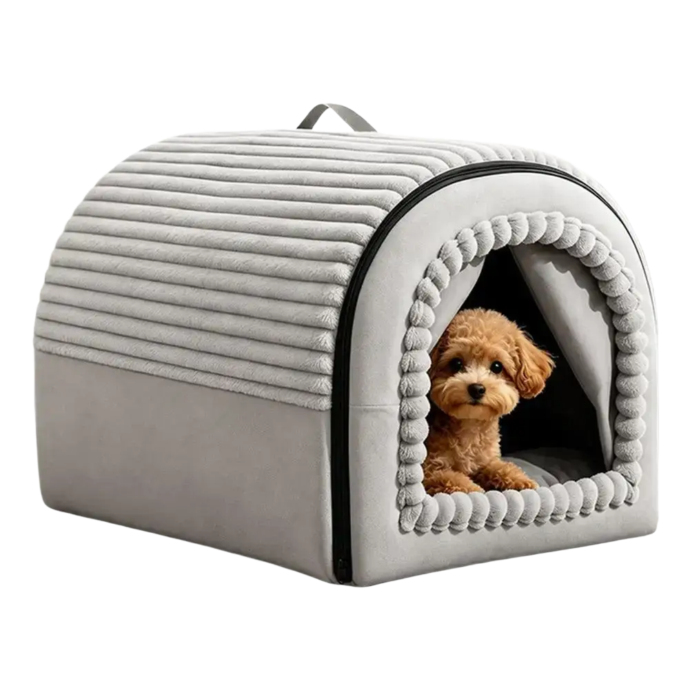 Gray plush pet bed cave with ribbed texture and pom-pom trim made of washable warm cotton for pets