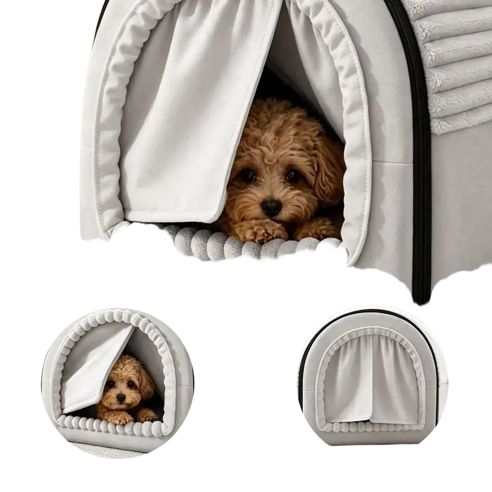 Soft gray plush pet bed with cozy curtain and pom-pom trim made of warm washable cotton for comfort