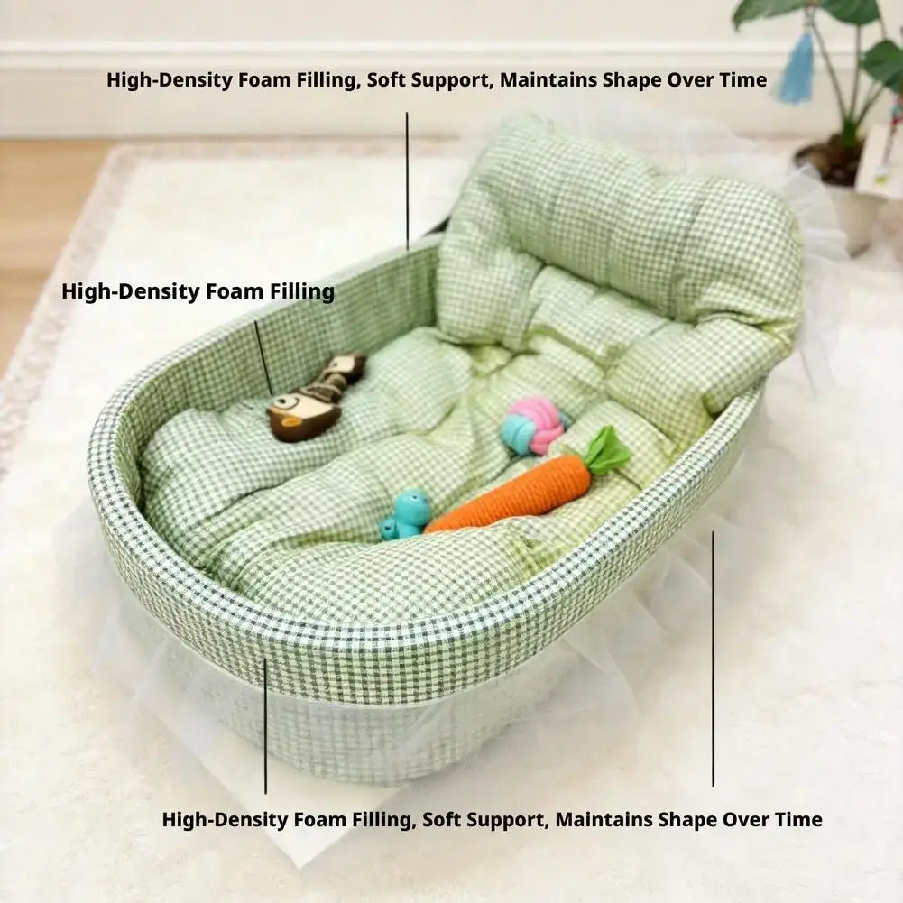 Green and white checkered fabric pet bed with high-density foam filling for small dogs princess style plaid cushion