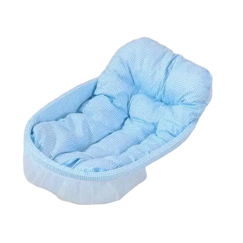 Light blue checkered fabric pet bed bassinet with ruffled edges designed as a princess style plaid cushion for small dogs