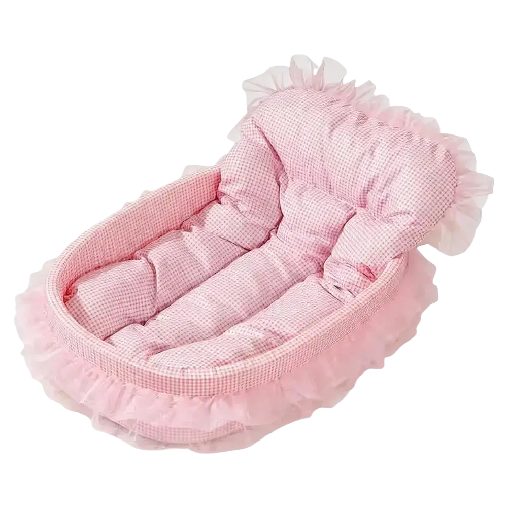 Pink checkered fabric pet bed with ruffled tulle trim designed as a princess style bassinet for small dogs