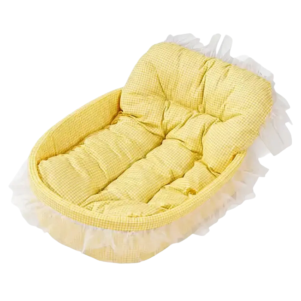 Yellow checkered fabric pet bed bassinet with white ruffled trim for small dogs princess style cushion