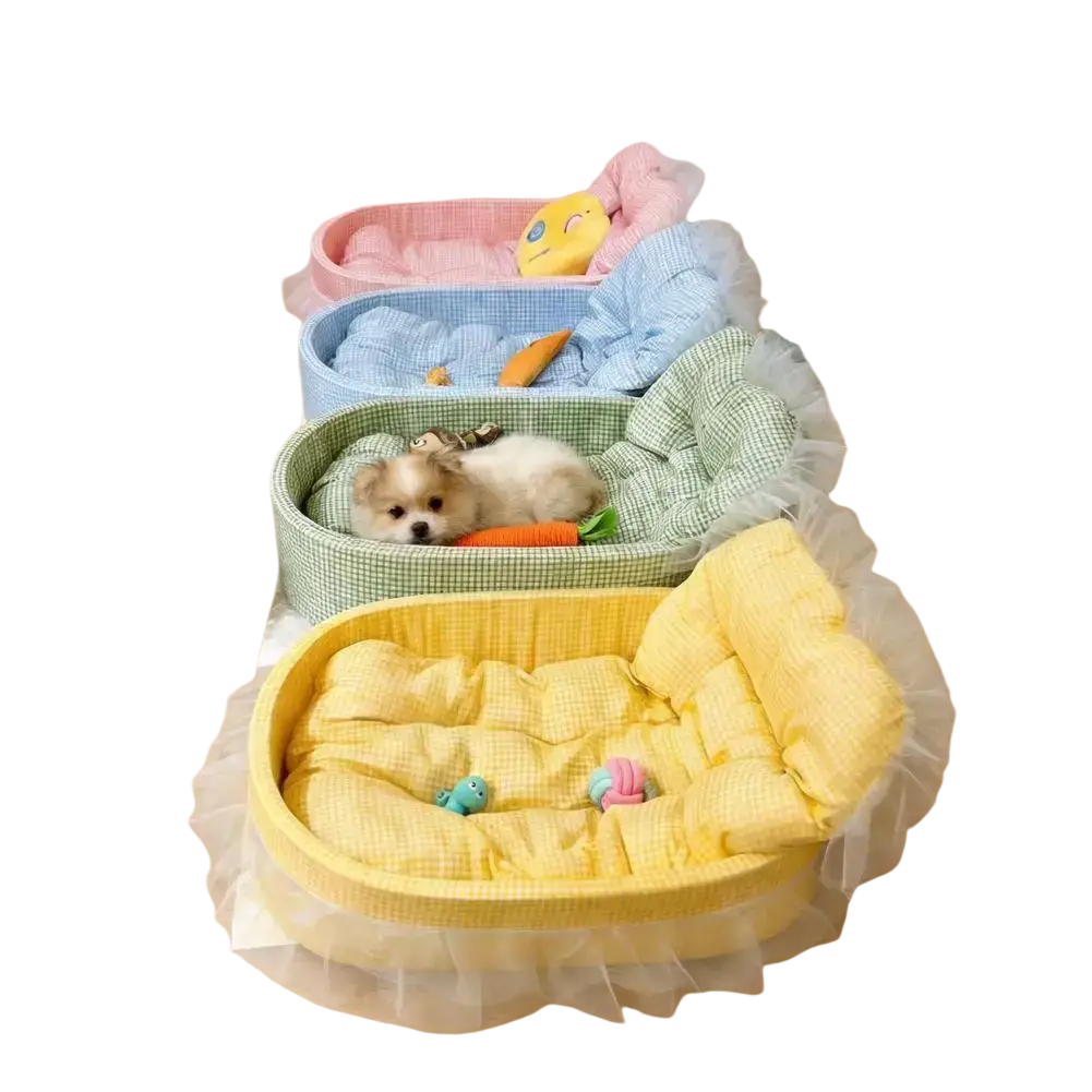 Yellow quilted fabric pet bed with sheer white tulle skirt and plaid cushion for small dogs princess style