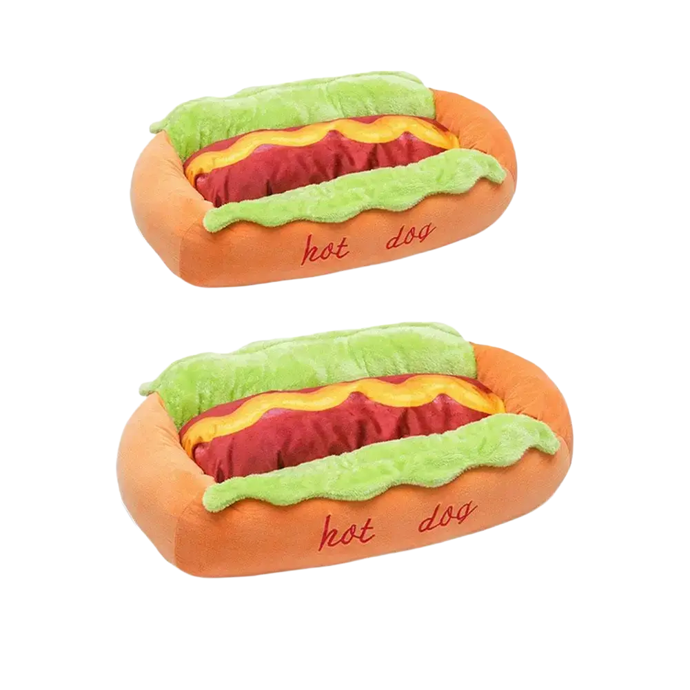 Orange plush hot dog pet bed with green and yellow faux condiments and red embroidered text resting place for small dogs