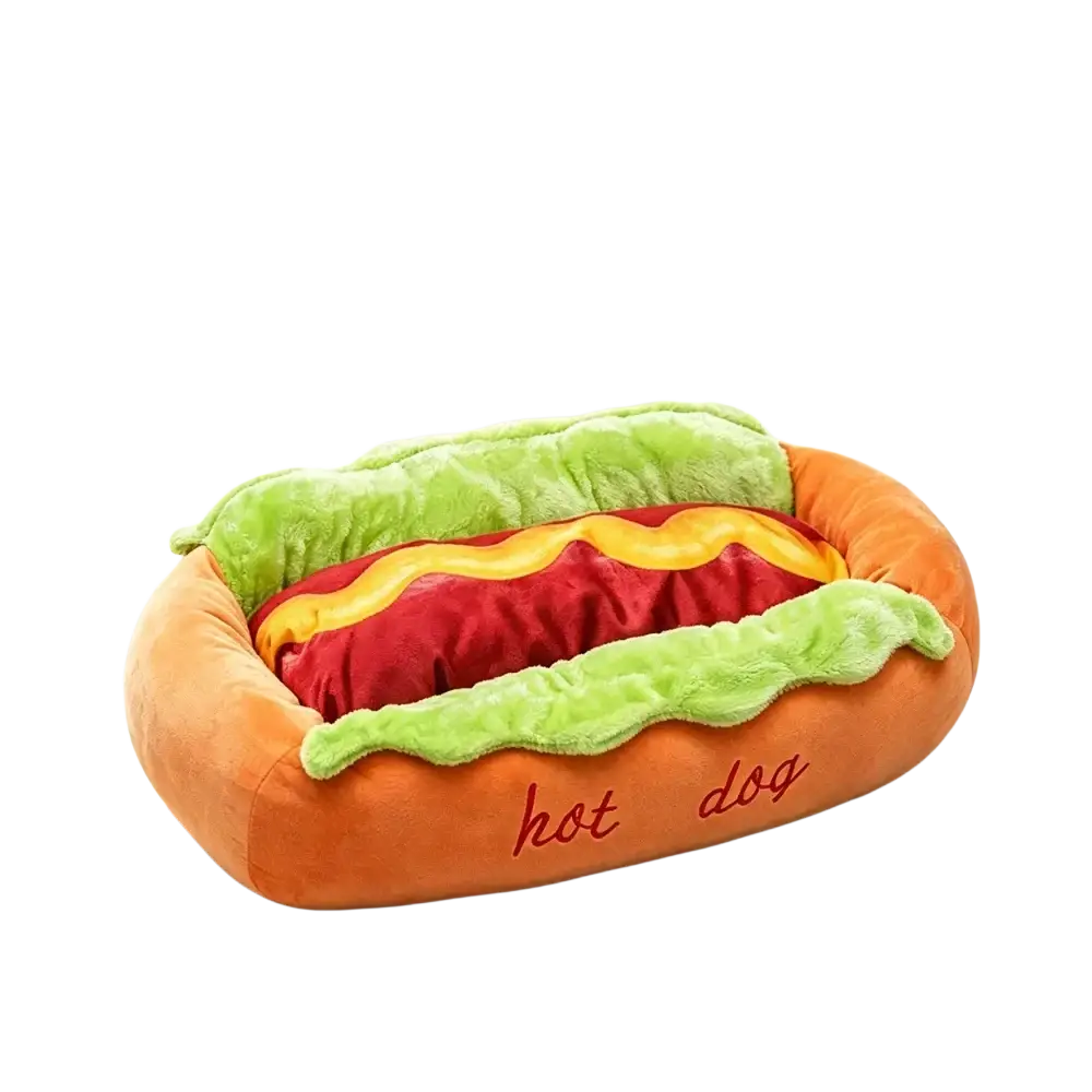 Orange plush hot dog pet bed with green lettuce red meat filling and yellow mustard details for small dogs resting place