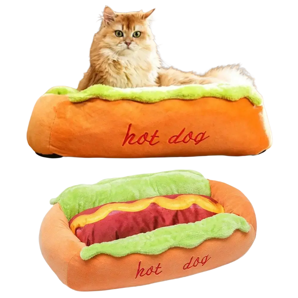 Orange plush hot dog shaped pet bed with green lettuce and red meat filling embroidered with hot dog text for small dogs resting place