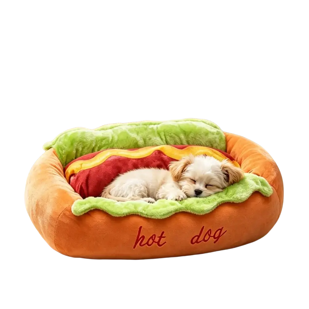 Orange plush hot dog-shaped pet bed with embroidered hot dog text serves as a cozy resting place for small dogs